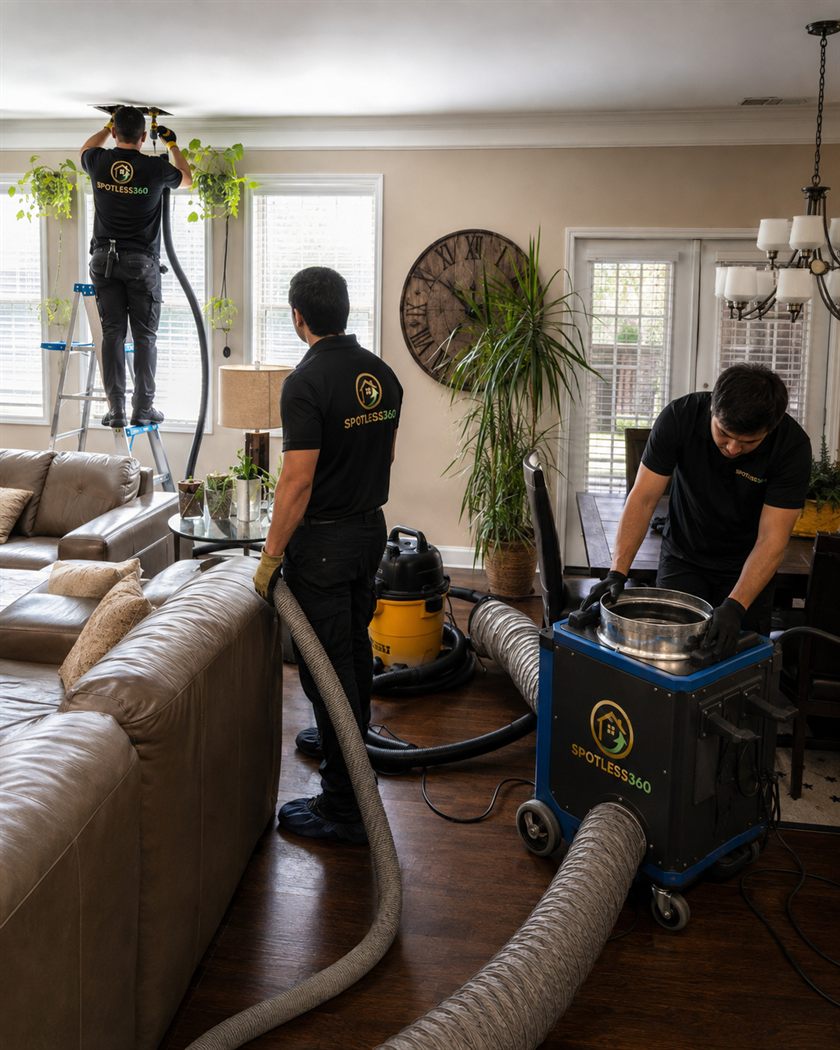 Three Spotless360 technicians cleaning air ducts in a Georgia living room