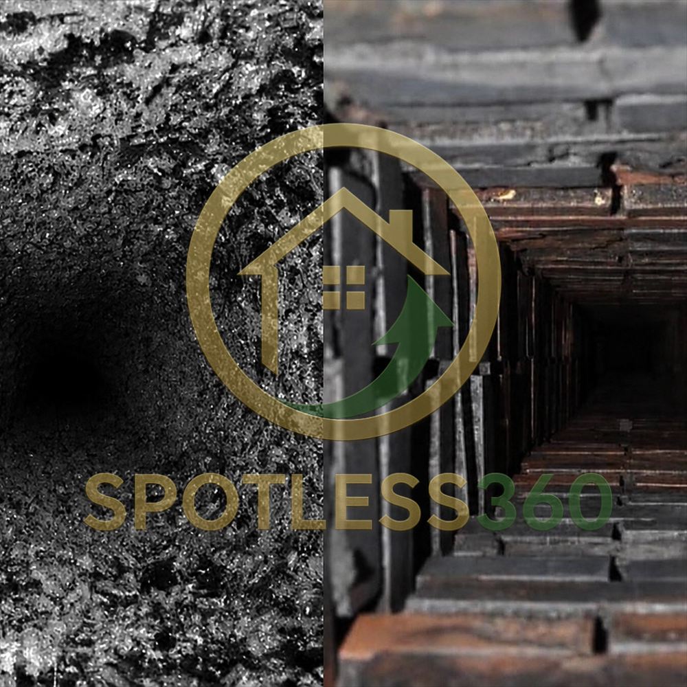 Chimney flue before and after: heavy creosote buildup on the left, clean brick liner on the right