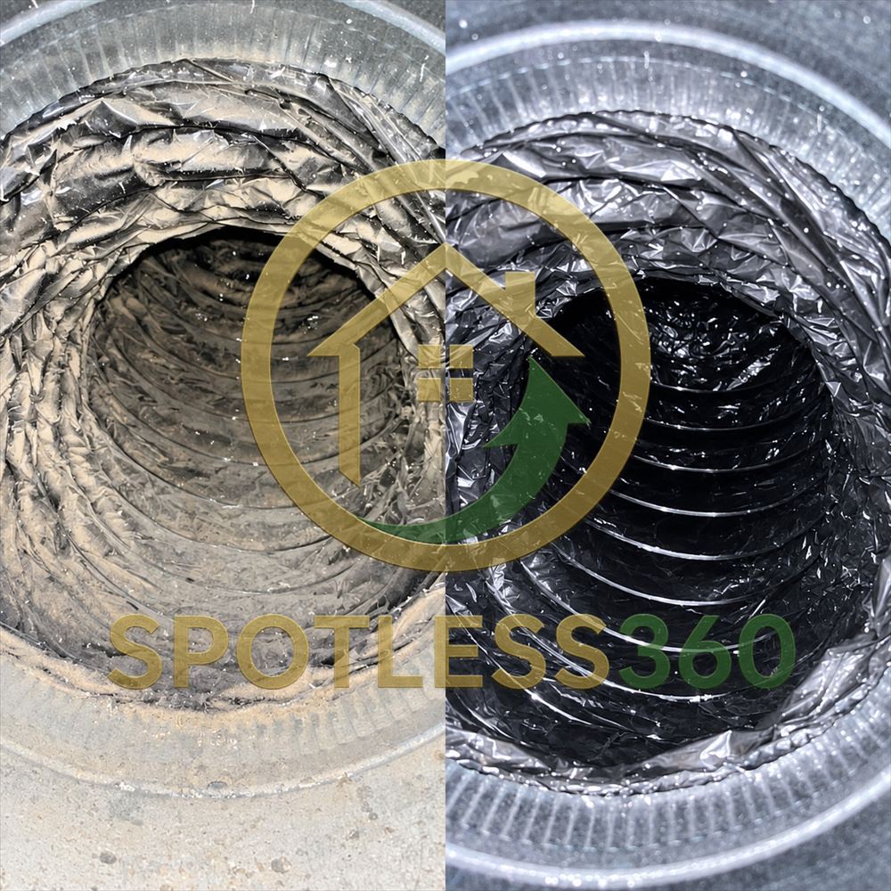 Flexible air duct before and after: dust-coated lining on the left, clean duct on the right