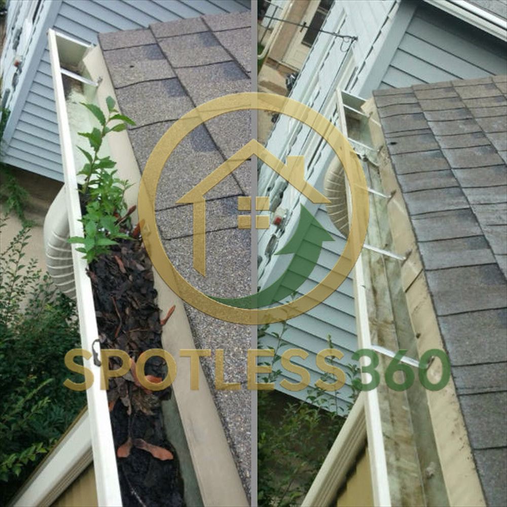 Roof gutter before and after: weeds and packed debris on the left, clear gutter on the right