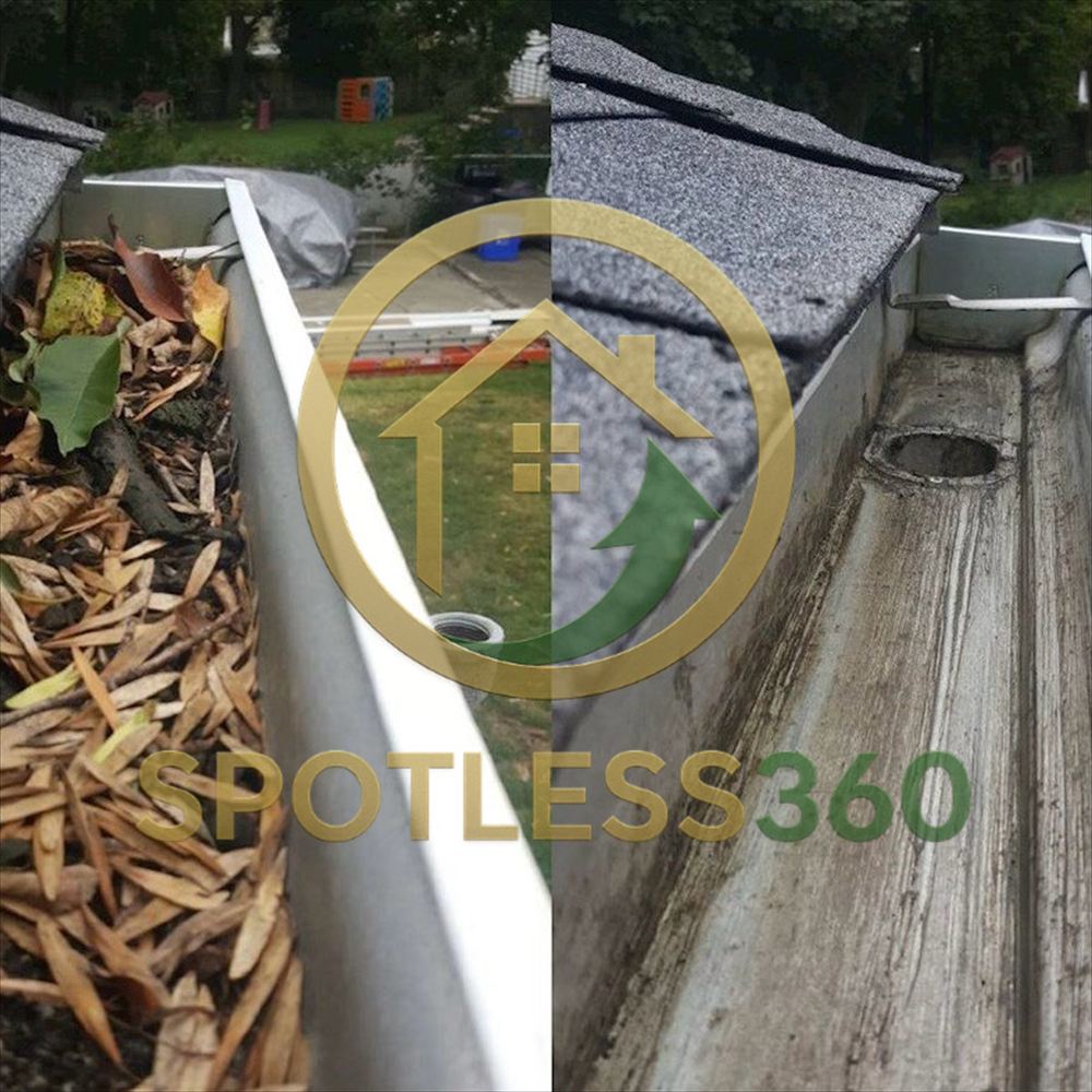 Gutter before and after: filled with dry leaves on the left, emptied and clear on the right