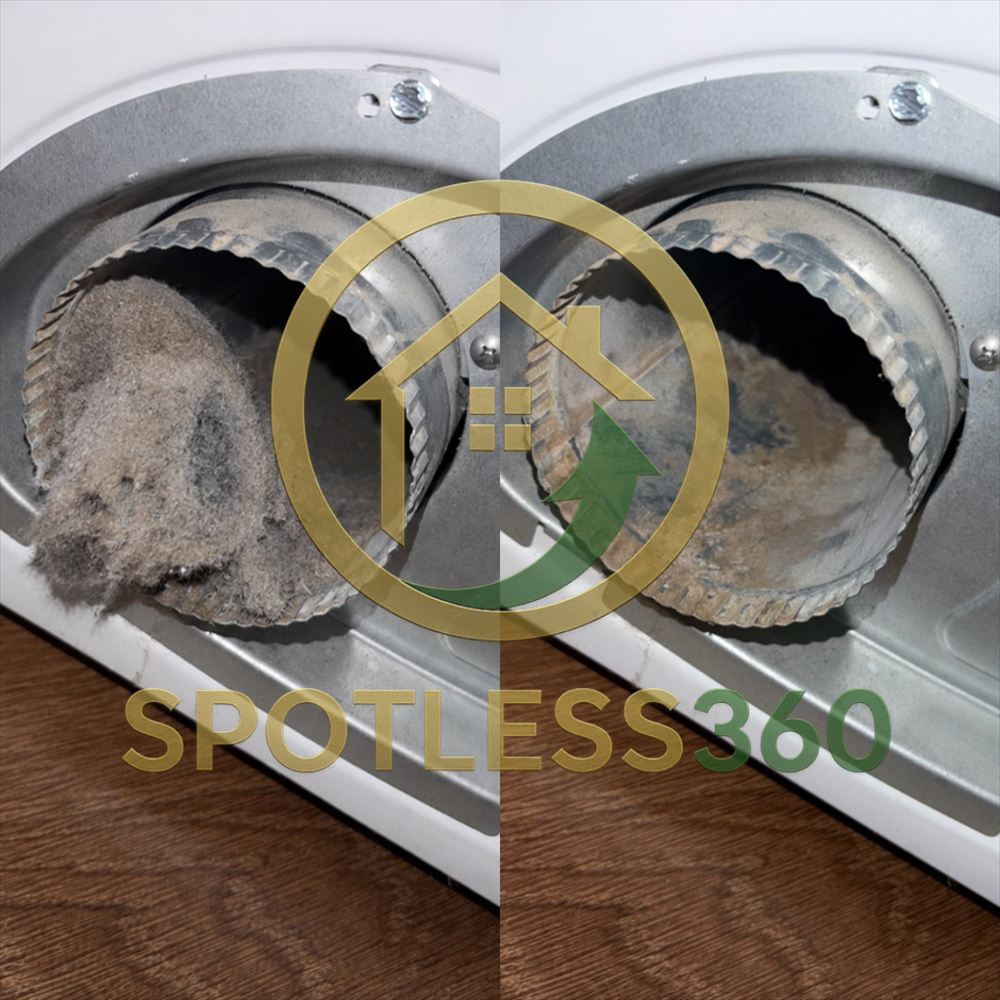 Dryer vent connection before and after: thick lint buildup on the left, clean fitting on the right