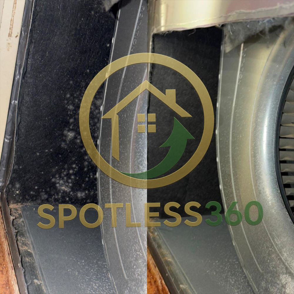 Air handler interior before and after: mold spotting on the left, clean surfaces on the right