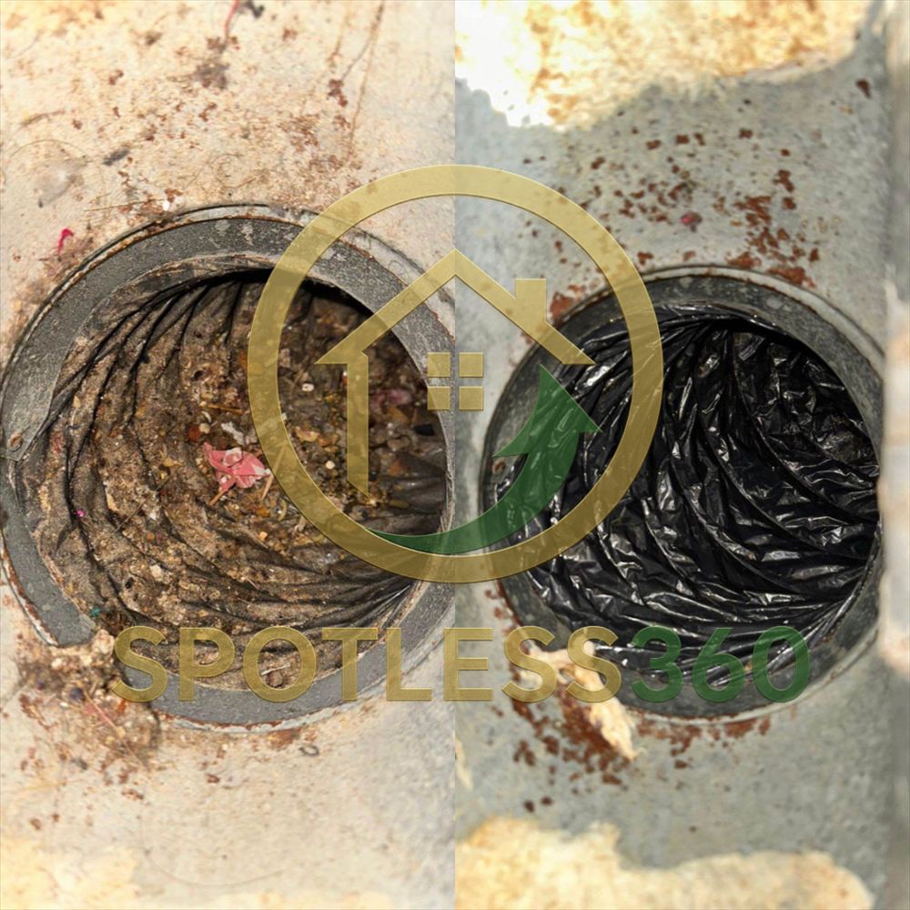 Dryer vent duct before and after: clogged with debris on the left, clear airflow on the right
