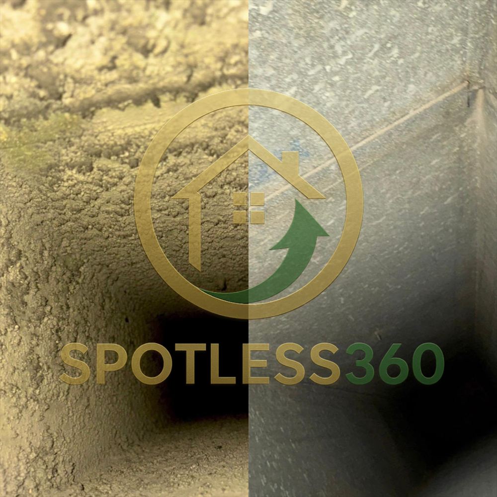 Rectangular air duct before and after: heavy dust coating on the left, clean sheet metal on the right